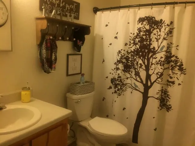 a bathroom with a sink toilet and shower