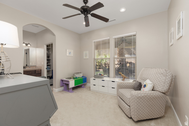 1257 West 2320 South St. George, UT 84770 - Photo 23 of 55 Carpeted room with neutral wall tones, two large windows, a ceiling fan, and recessed lighting