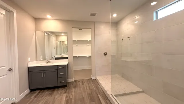 a bathroom with a sink a mirror and a shower