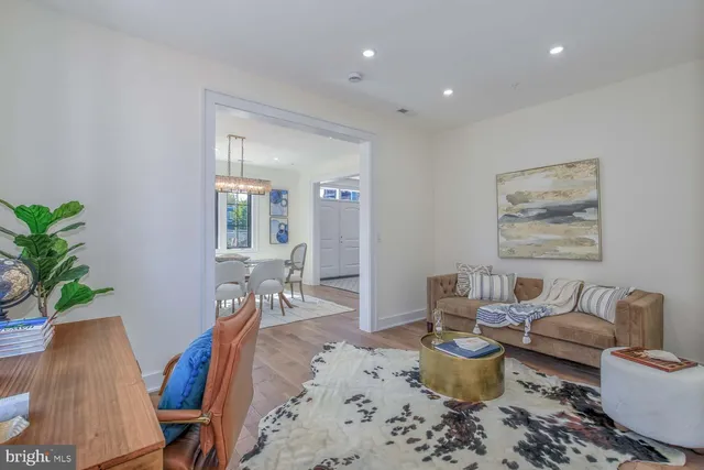 a living room with furniture a rug and a potted plant
