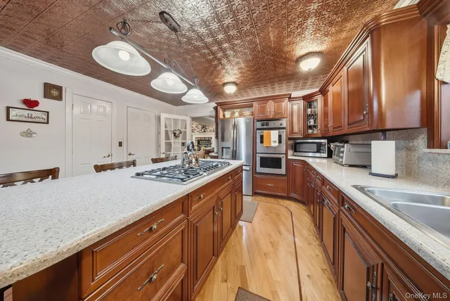a large kitchen with stainless steel appliances granite countertop a lot of counter space and a sink