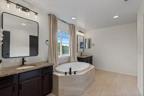 a bathroom with a tub a sink double vanity and a mirror