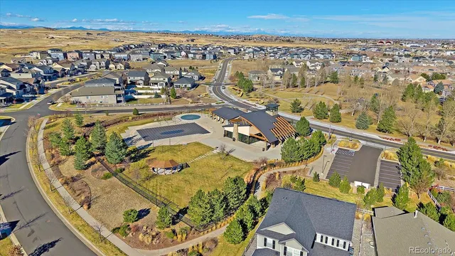 an aerial view of a swimming pool