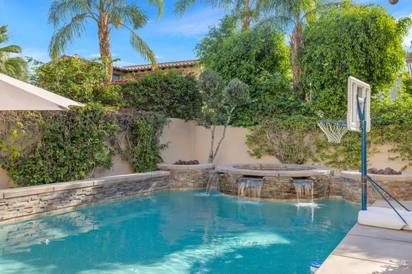 a view of a palm tree with a yard and palm trees