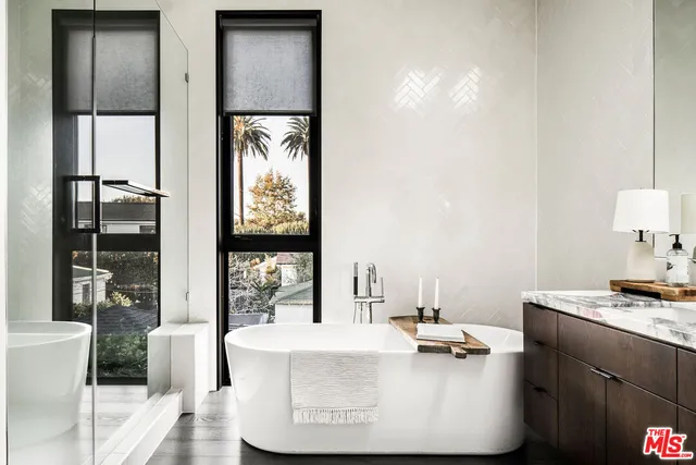 a dining table with a mirror