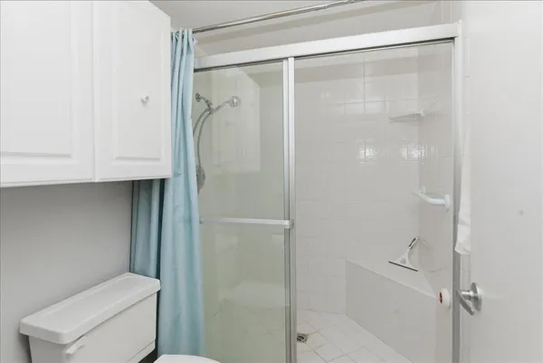 a bathroom with a shower and toilet