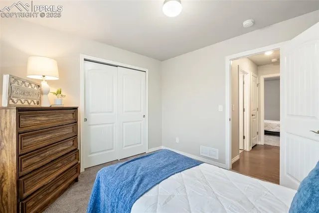 a living room with a bed and a walk in closet