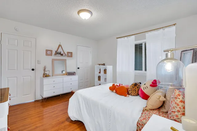 a bedroom with a bed and a closet