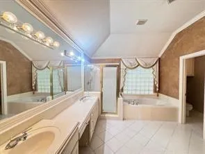 a bathroom with a tub a sink and a large mirror