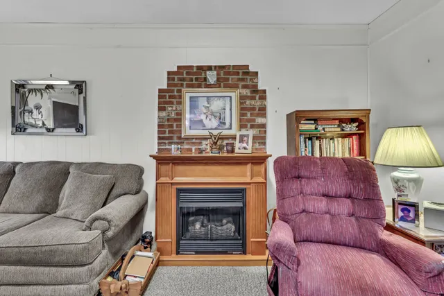 a living room with furniture a flat screen tv and a fireplace