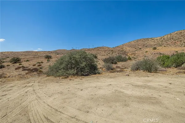 a view of a dry yard with mountains in the background
