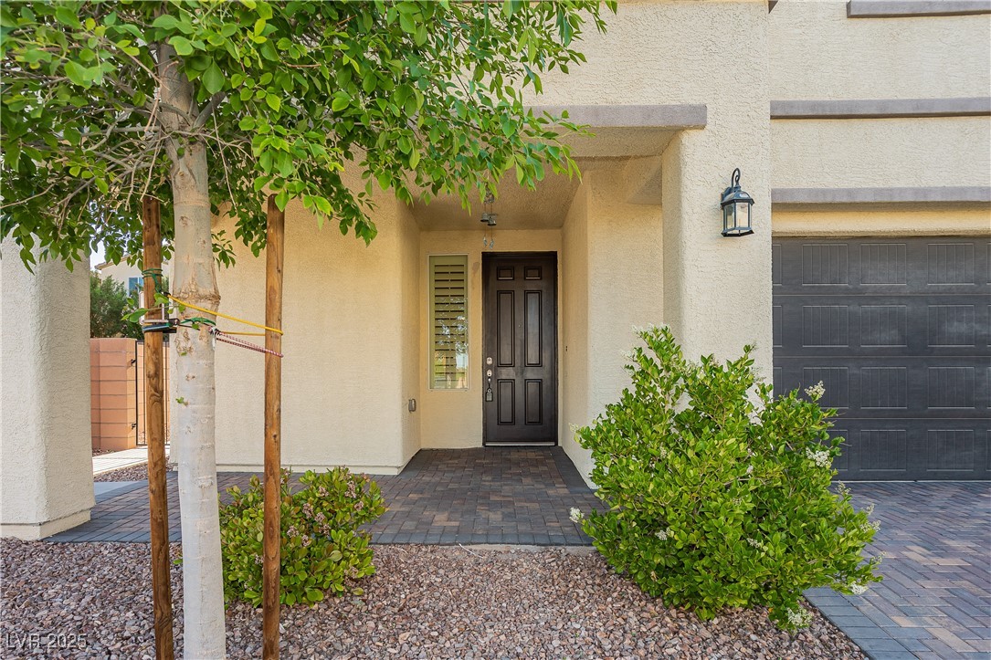 971 Huntington Cove Parkway Las Vegas, NV 89178 - Photo 4 of 55 Doorway to property featuring stucco siding and a garage