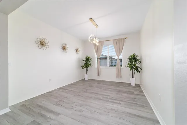 a view of a hallway with wooden floor and a potted plant