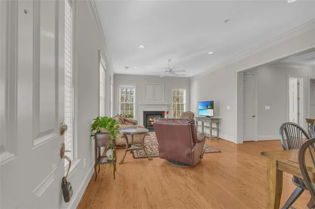 a living room with furniture a fireplace and a potted plant