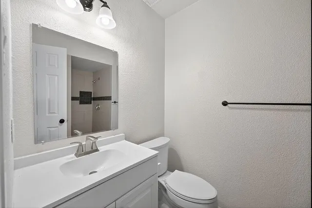 a bathroom with a sink a toilet and mirror