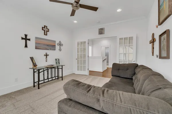 a view of an empty room with a window