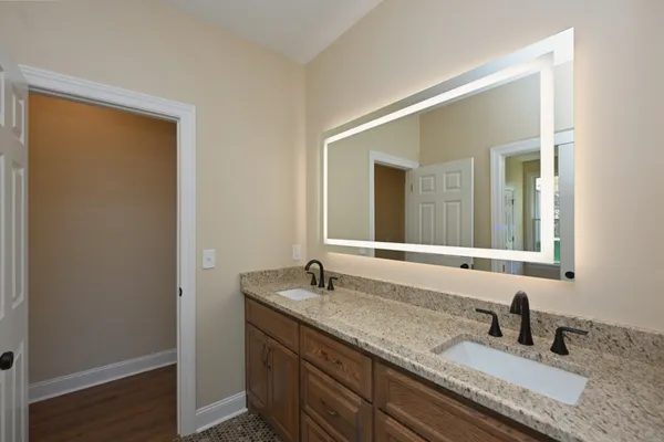 a bathroom with a granite countertop sink and a mirror