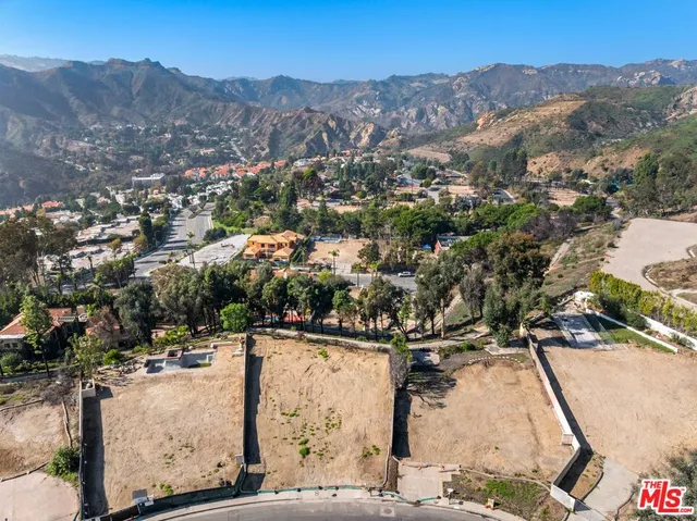 an aerial view of residential houses with outdoor space and trees