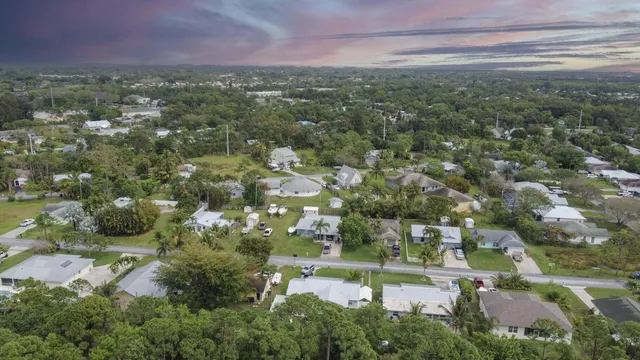 an aerial view of residential houses with outdoor space and trees