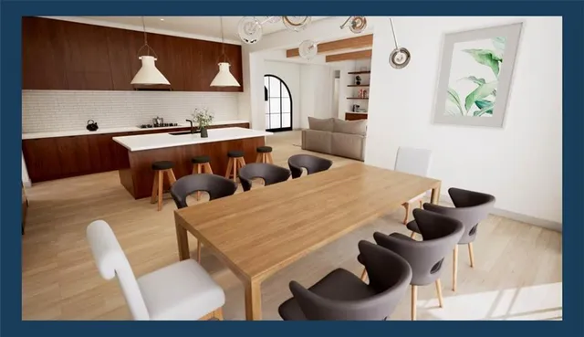 a kitchen with stainless steel appliances a sink a table and chairs