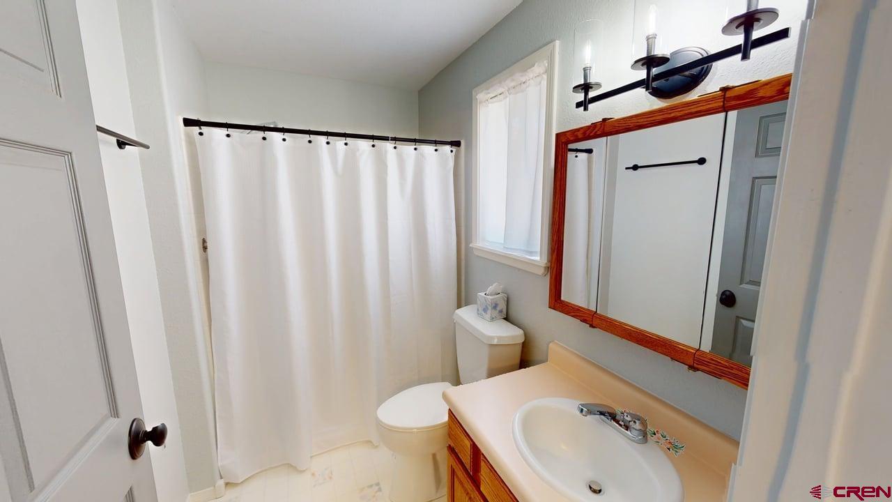 11694 Trap Club Road Austin, CO 81410 - Photo 30 of 45 a bathroom with a sink a toilet and shower curtain