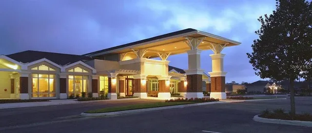 a view of a building with a street