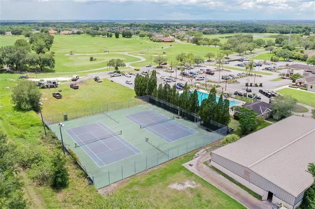 an aerial view of a pool