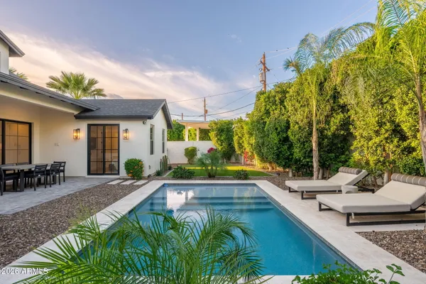 a view of a backyard with plants and a patio