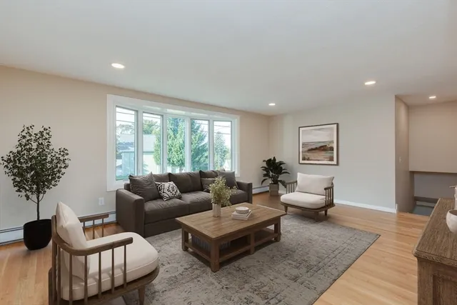 a living room with furniture and a potted plant