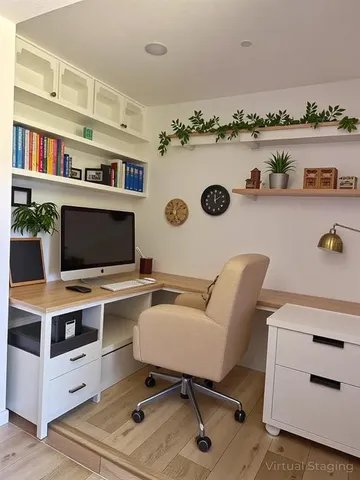 a view of workspace with cabinets