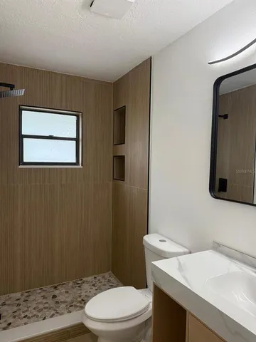 a bathroom with a sink a toilet and mirror