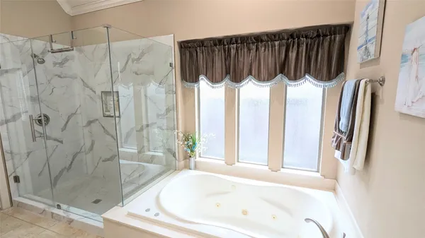 a bathroom with a bathtub and a shower