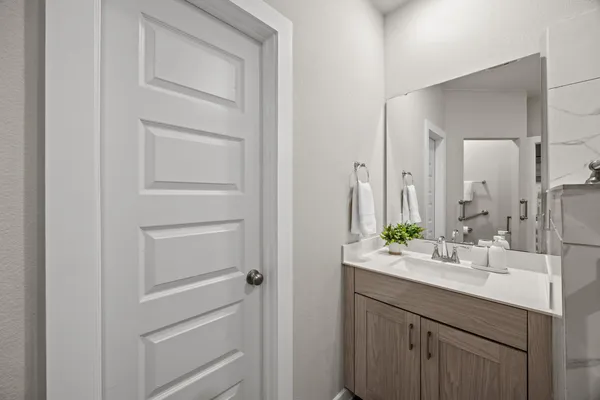 a bathroom with a sink and a mirror