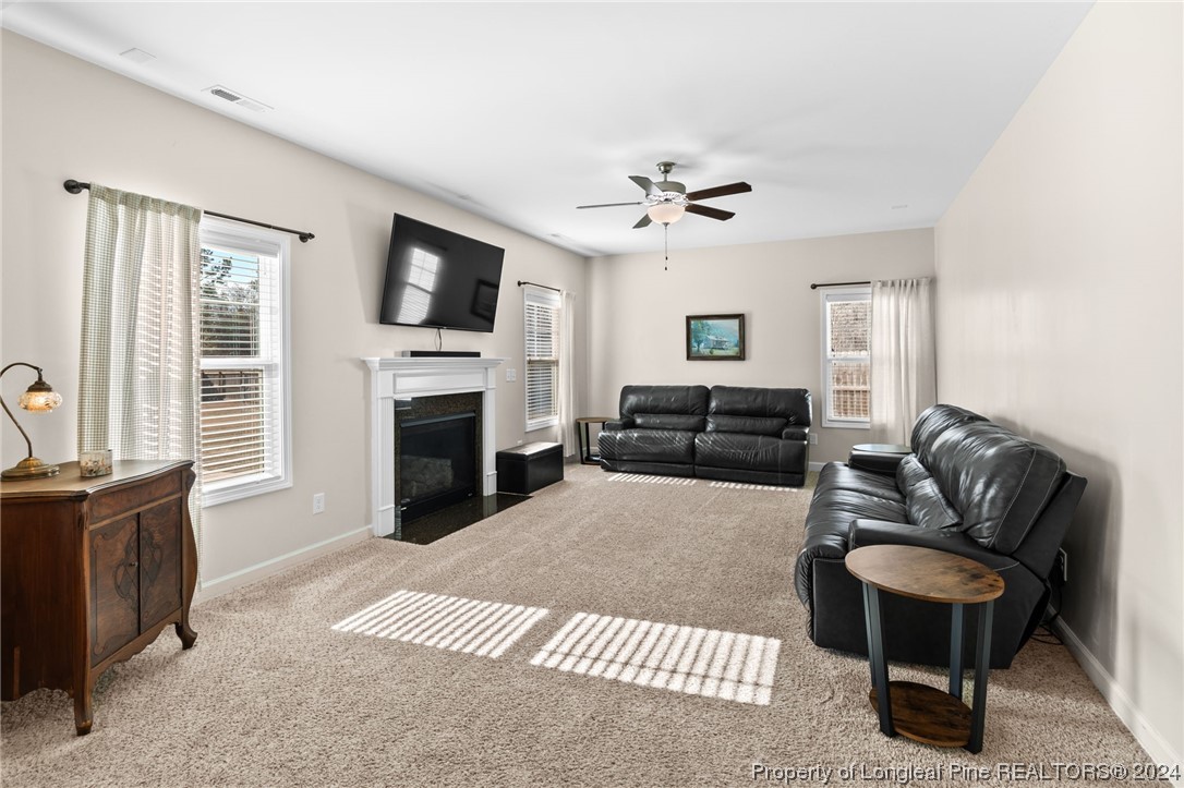 6817 Hunters Den Road Hope Mills, NC 28348 - Photo 18 of 49 a living room with furniture a flat screen tv and a fireplace