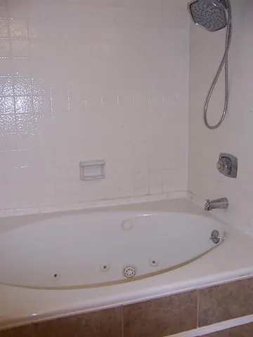 a bathroom with a bathtub and shower