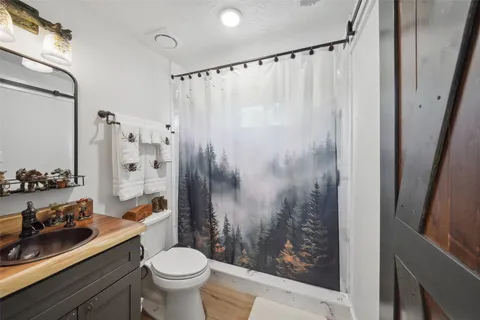 a bathroom with a granite countertop sink toilet and shower