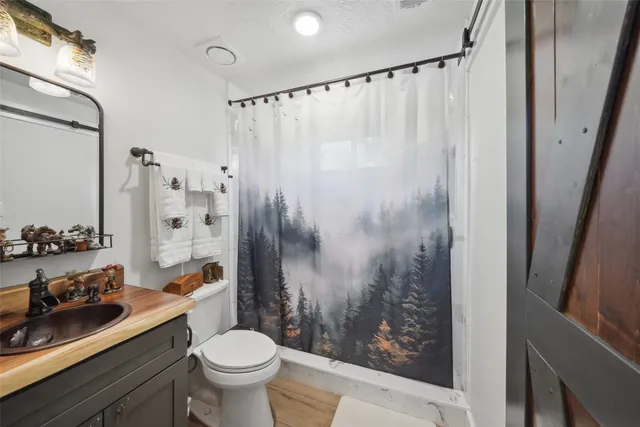 a bathroom with a granite countertop sink toilet and shower