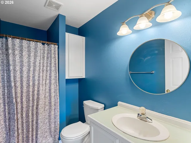 a bathroom with a sink a toilet and mirror
