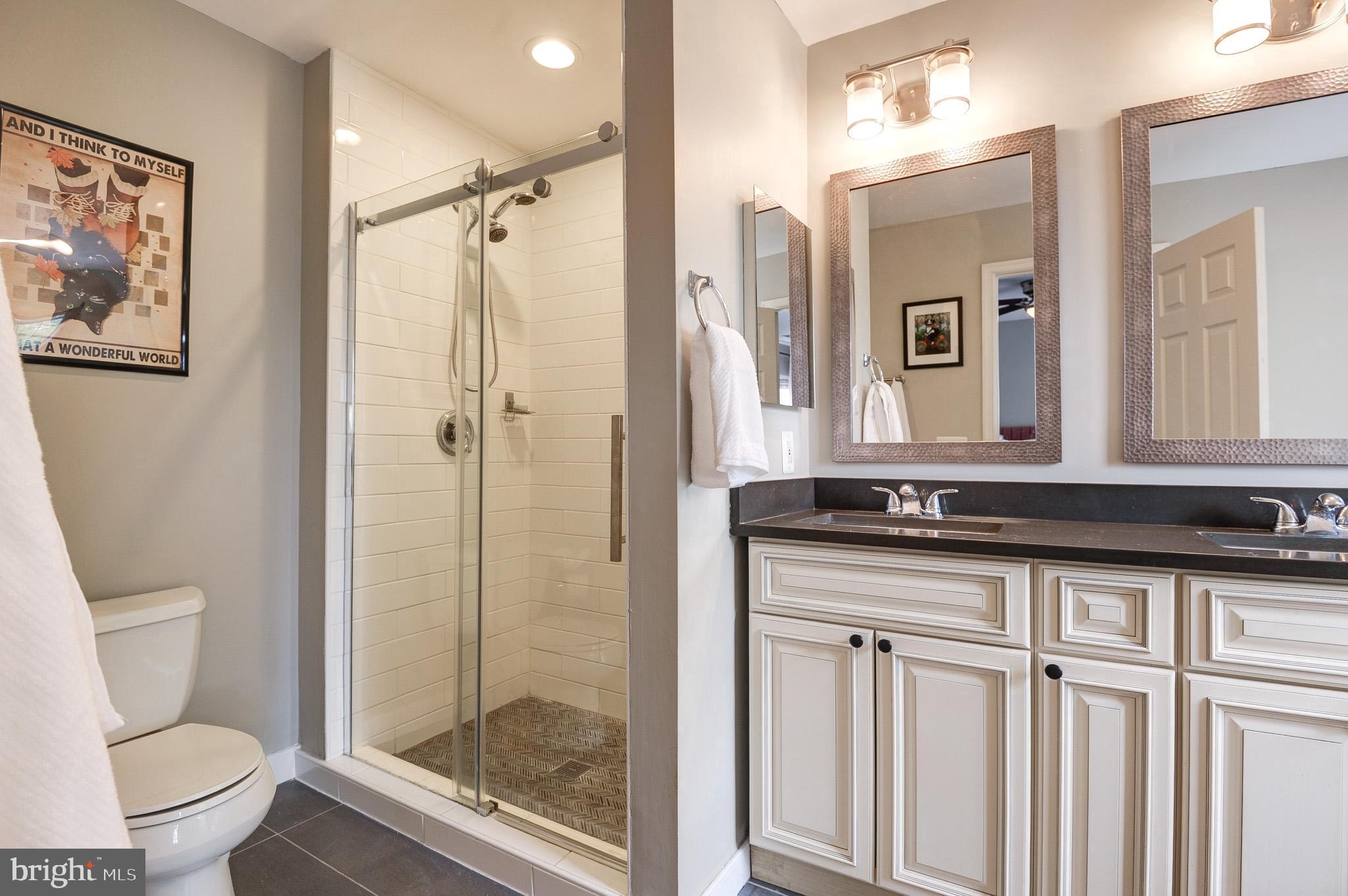 44167 Tippecanoe Terrace Ashburn, VA 20147 - Photo 26 of 56 a bathroom with a granite countertop sink a toilet a mirror and shower