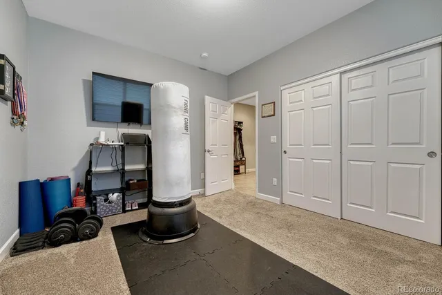 a living room with closet