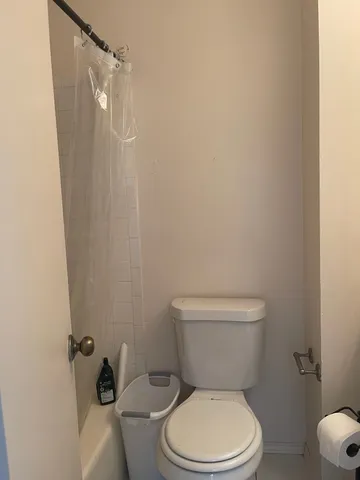 a white toilet sitting next to a shower