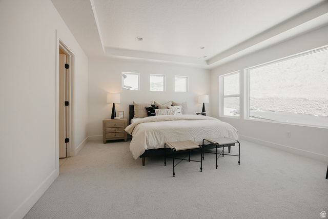 5902 Canyon Rim Road, Unit 620 Lehi, UT 84048 - Photo 43 of 78 Spacious room featuring a tray ceiling, light-toned carpet flooring, a large picture window, and three transom windows