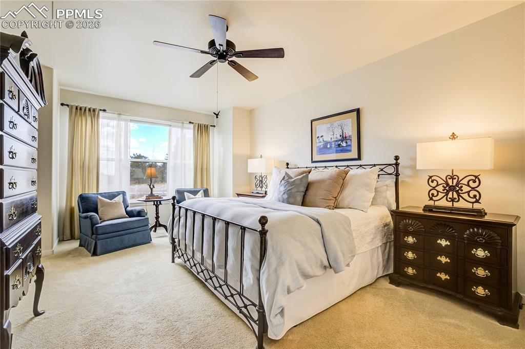 1265 Foothills Farm Way Colorado Springs, CO 80921 - Photo 25 of 50 a spacious bedroom with a bed a couch and a chandelier