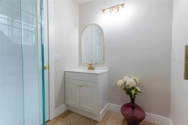 a bathroom with a sink mirror and vanity