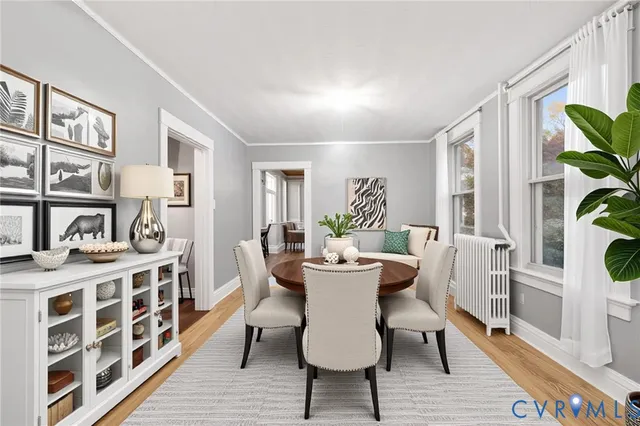 a view of a dining room with furniture a potted plant and wooden floor
