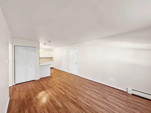 a view of empty room with wooden floor