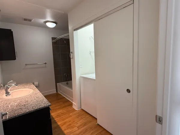 a bathroom with a bathtub and a toilet