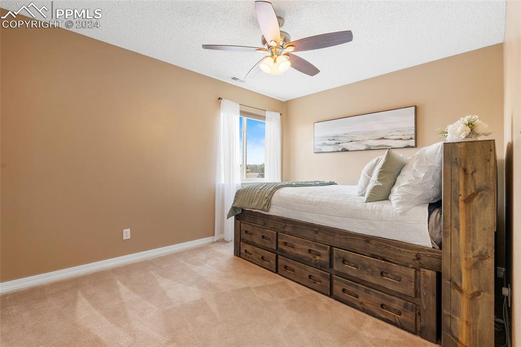 16145 Turftop Terrace Elbert, CO 80106 - Photo 18 of 29 a bedroom with a bed and a ceiling fan