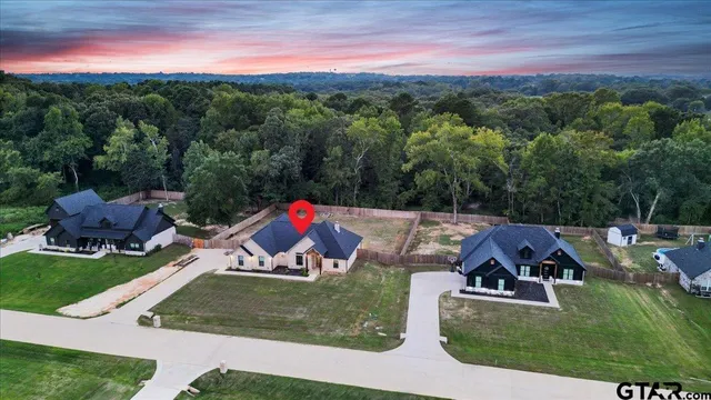 a view of a park with large trees