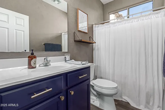 a bathroom with a granite countertop sink toilet and mirror